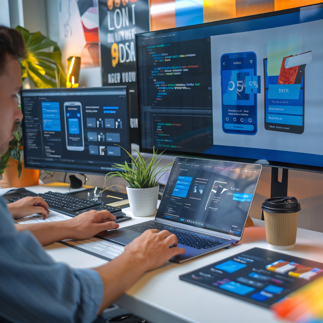 Developer Creating E-Commerce Mobile App with Code and Design on