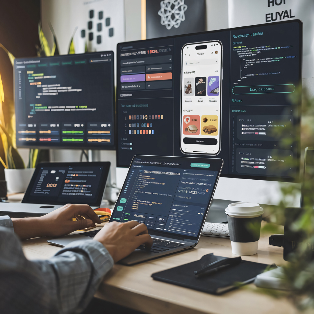 Developer Creating E-Commerce Mobile App with Code and Design on